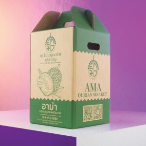 กล่องทุเรียนภูเขาไฟศรีสะเกษ สวนอาม่า – กล่องลูกฟูกพรีเมียม แข็งแรง ทนชื้น ดีไซน์หรู ถ่ายทอดเอกลักษณ์ของทุเรียนภูเขาไฟจากศรีสะเกษ ของดีไทยแท้จากสวนอาม่า สู่ตลาดระดับโลก