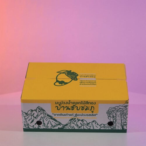 กล่องมะม่วงน้ำดอกไม้สีทองบ้านซับชมภู – กล่องลูกฟูกพรีเมียม แข็งแรง ทนชื้น ดีไซน์สวยหรู เหมาะสำหรับผลไม้สดส่งออกและของฝากพรีเมียม สะท้อนคุณภาพมะม่วงไทยแท้จากสวนบ้านซับชมภู